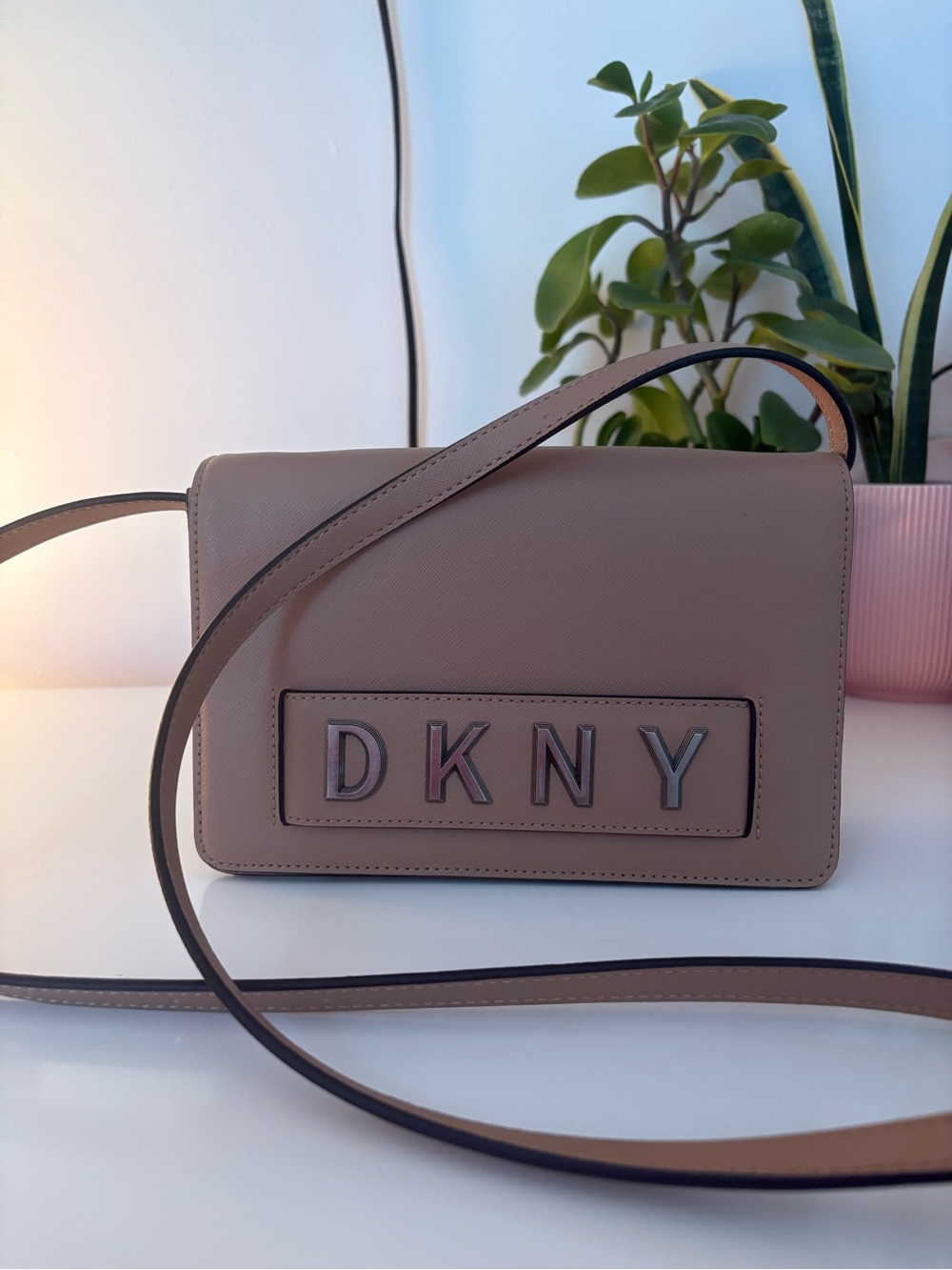 DKNY Taupe Crossbody Bag with Logo Plaque